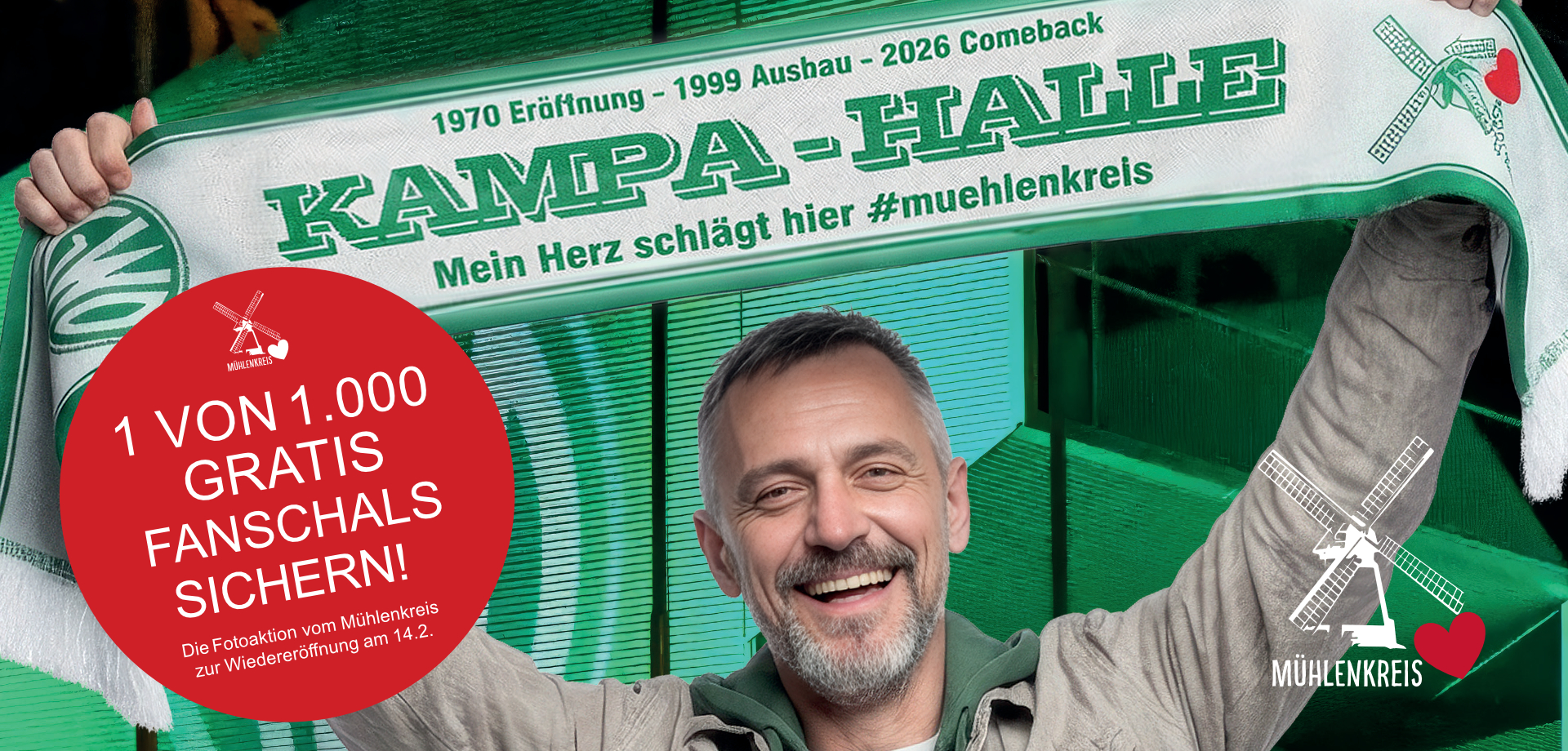 Fotoaktion des Mühlenkreises zum Comeback der KAMPA-Halle